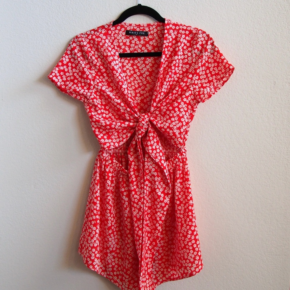 White Fox Boutique Red Floral Tie-Front Romper